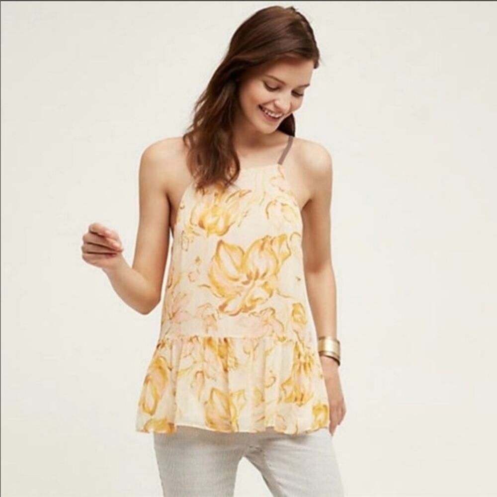 Anthropologie HD in Paris Floral Babydoll Swing Top Size M Yellow Ivory Pink